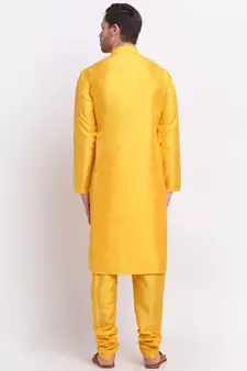 Yellow Silk Plain Kurta and Churidar Set 
