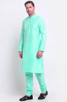 Men Silk Green Kurta & Churidar Set