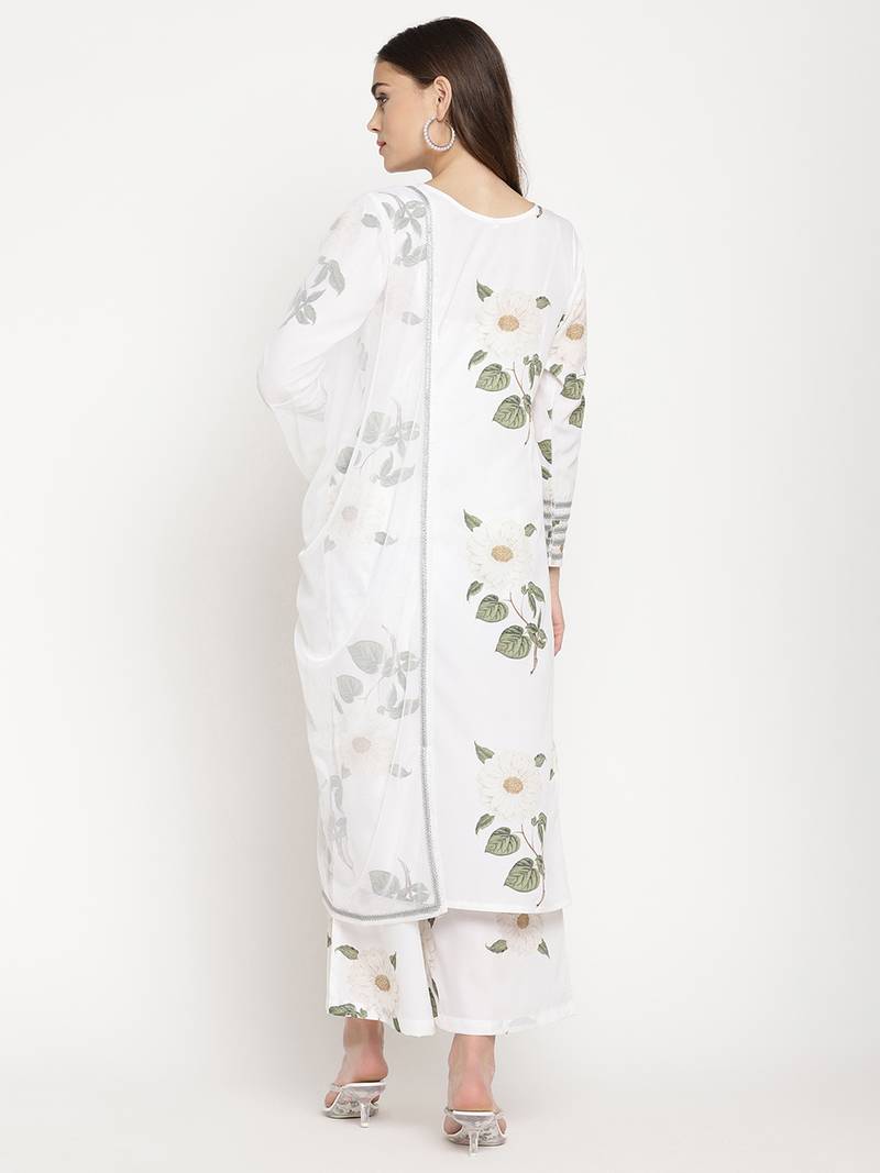 Ahalyaa Wome's White Crepe Digital Print Kurta Palazzo Set With Dupatta