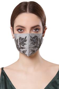 Anekaant   Ply Grey & Black Faux Silk Foliage Embellished Fabric Fashion Mask