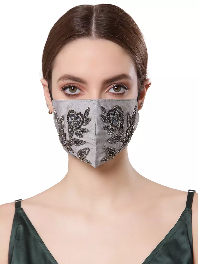 Anekaant   Ply Grey & Black Faux Silk Foliage Embellished Fabric Fashion Mask