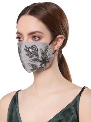 Anekaant   Ply Grey & Black Faux Silk Foliage Embellished Fabric Fashion Mask 2