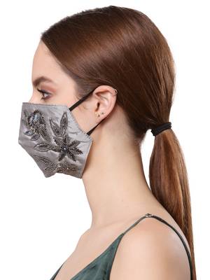 Anekaant   Ply Grey & Black Faux Silk Foliage Embellished Fabric Fashion Mask 3