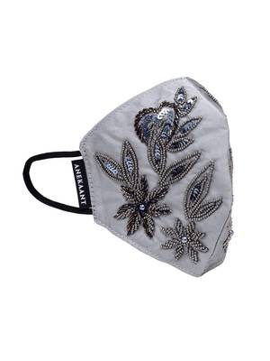 Anekaant   Ply Grey & Black Faux Silk Foliage Embellished Fabric Fashion Mask 4