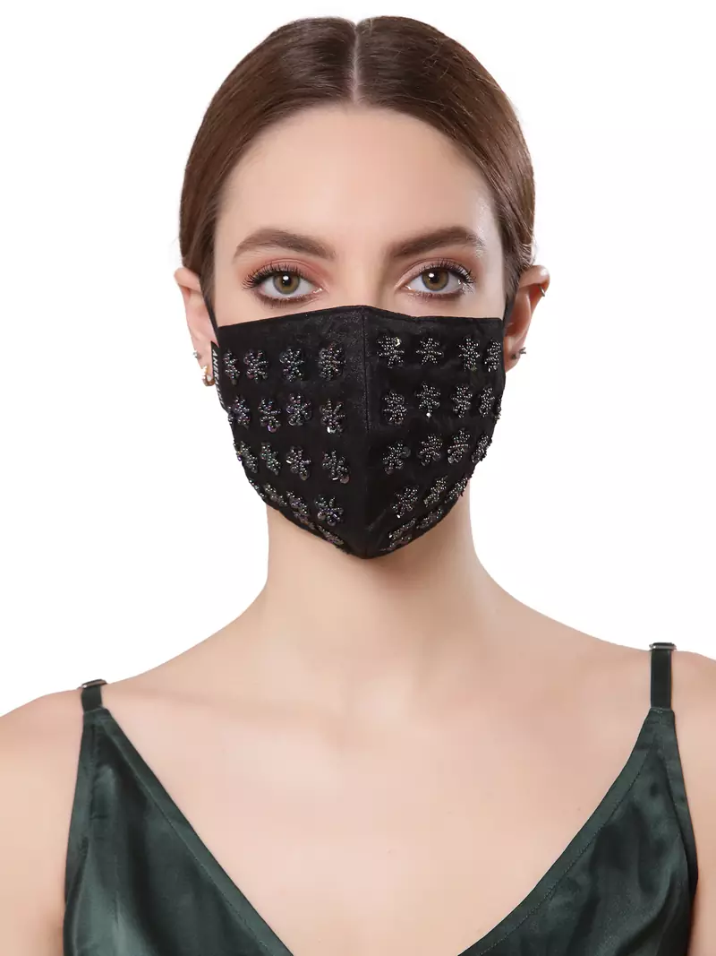 Anekaant   Ply Black Faux Silk Floral Embellished Fabric Fashion Mask