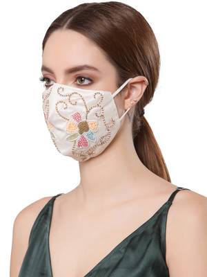 Anekaant   Ply cream & multi Faux Silk Foliage Embellished Fabric Fashion Mask 1
