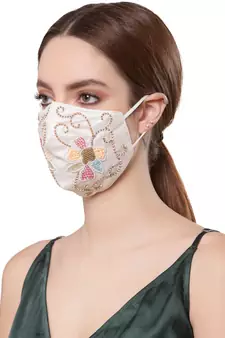 Anekaant   Ply cream & multi Faux Silk Foliage Embellished Fabric Fashion Mask