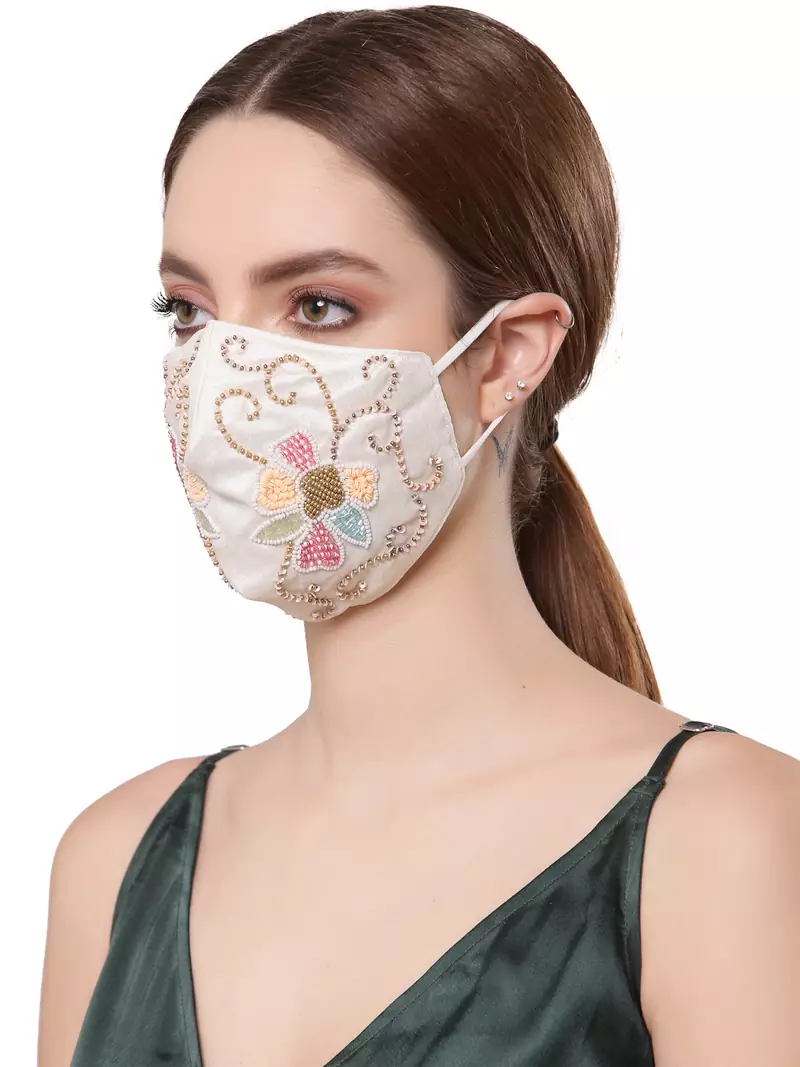 Anekaant   Ply cream & multi Faux Silk Foliage Embellished Fabric Fashion Mask