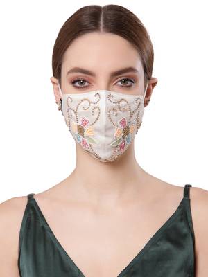 Anekaant   Ply cream & multi Faux Silk Foliage Embellished Fabric Fashion Mask 2
