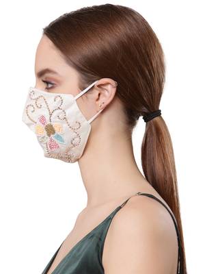 Anekaant   Ply cream & multi Faux Silk Foliage Embellished Fabric Fashion Mask 3