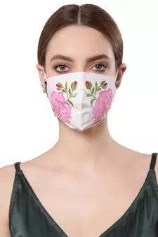 Anekaant   Ply White & Pink Cotton Floral Embroidered Fabric Fashion Mask