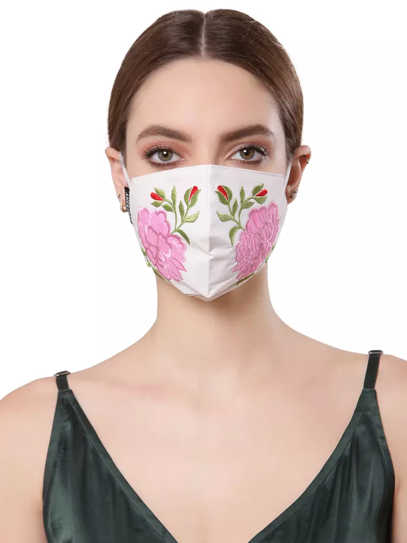 Anekaant   Ply White & Pink Cotton Floral Embroidered Fabric Fashion Mask