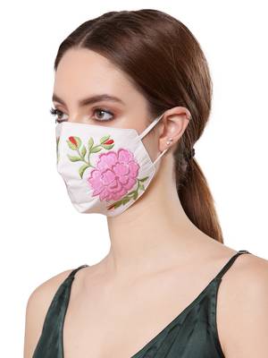 Anekaant   Ply White & Pink Cotton Floral Embroidered Fabric Fashion Mask 2