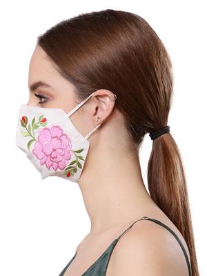 Anekaant   Ply White & Pink Cotton Floral Embroidered Fabric Fashion Mask 3