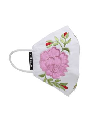 Anekaant   Ply White & Pink Cotton Floral Embroidered Fabric Fashion Mask 4
