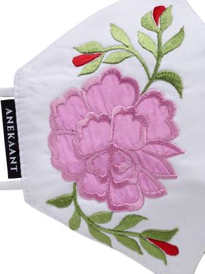 Anekaant   Ply White & Pink Cotton Floral Embroidered Fabric Fashion Mask 6