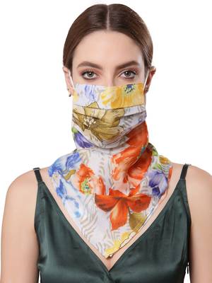  Ply Orange & Multi Modal Silk Floral Printed Fabric Fashion Mask 1