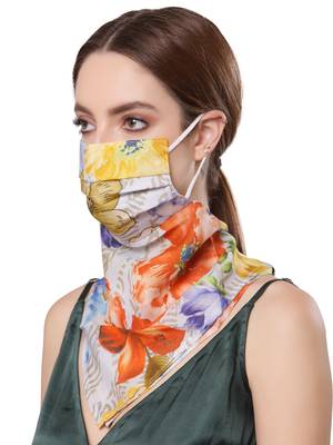  Ply Orange & Multi Modal Silk Floral Printed Fabric Fashion Mask 2