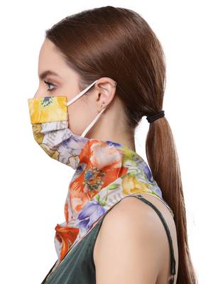  Ply Orange & Multi Modal Silk Floral Printed Fabric Fashion Mask 3