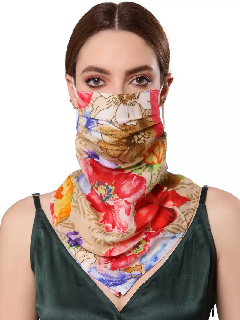 Anekaant   Ply Peach & Multi Modal Silk Floral Printed Fabric Fashion Mask