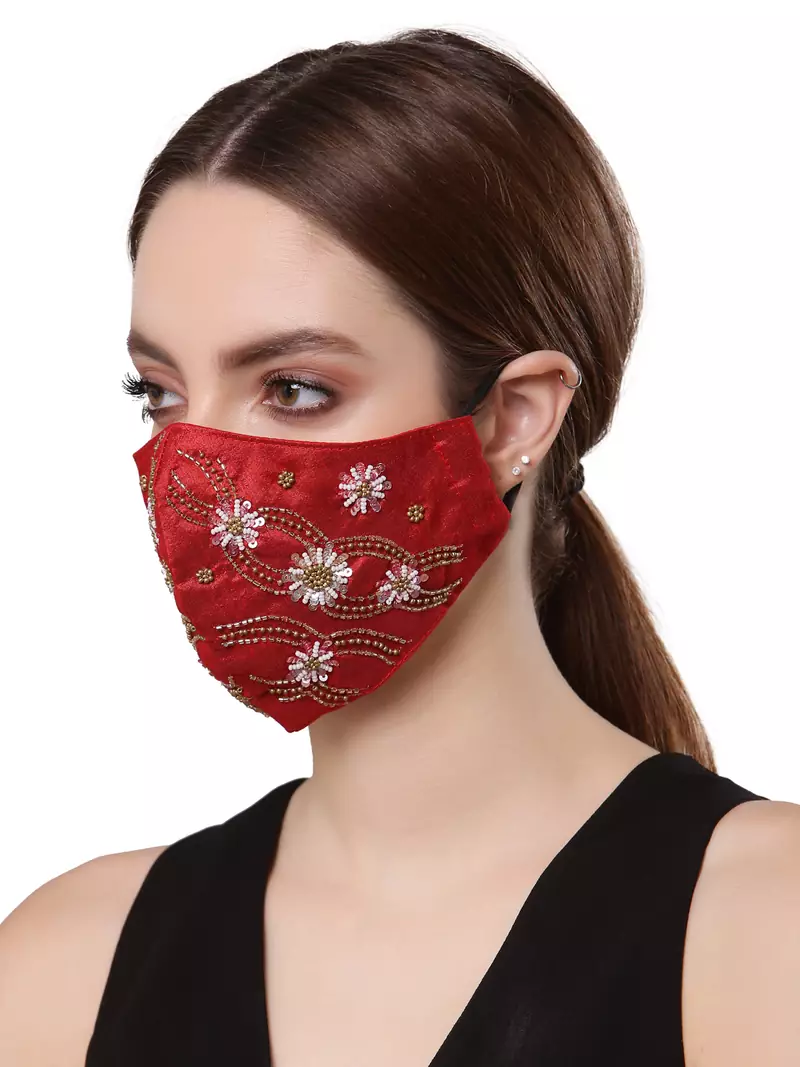 Anekaant   Ply Maroon & Gold Faux Silk Floral Embellished Fabric Fashion Mask