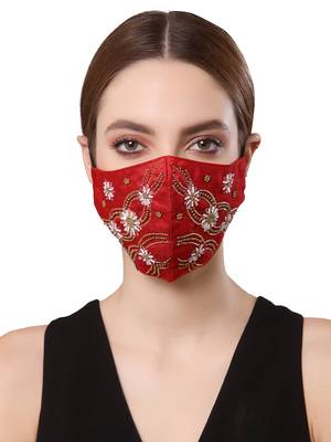 Anekaant   Ply Maroon & Gold Faux Silk Floral Embellished Fabric Fashion Mask 2