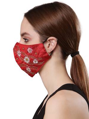 Anekaant   Ply Maroon & Gold Faux Silk Floral Embellished Fabric Fashion Mask 3