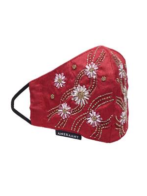 Anekaant   Ply Maroon & Gold Faux Silk Floral Embellished Fabric Fashion Mask 4
