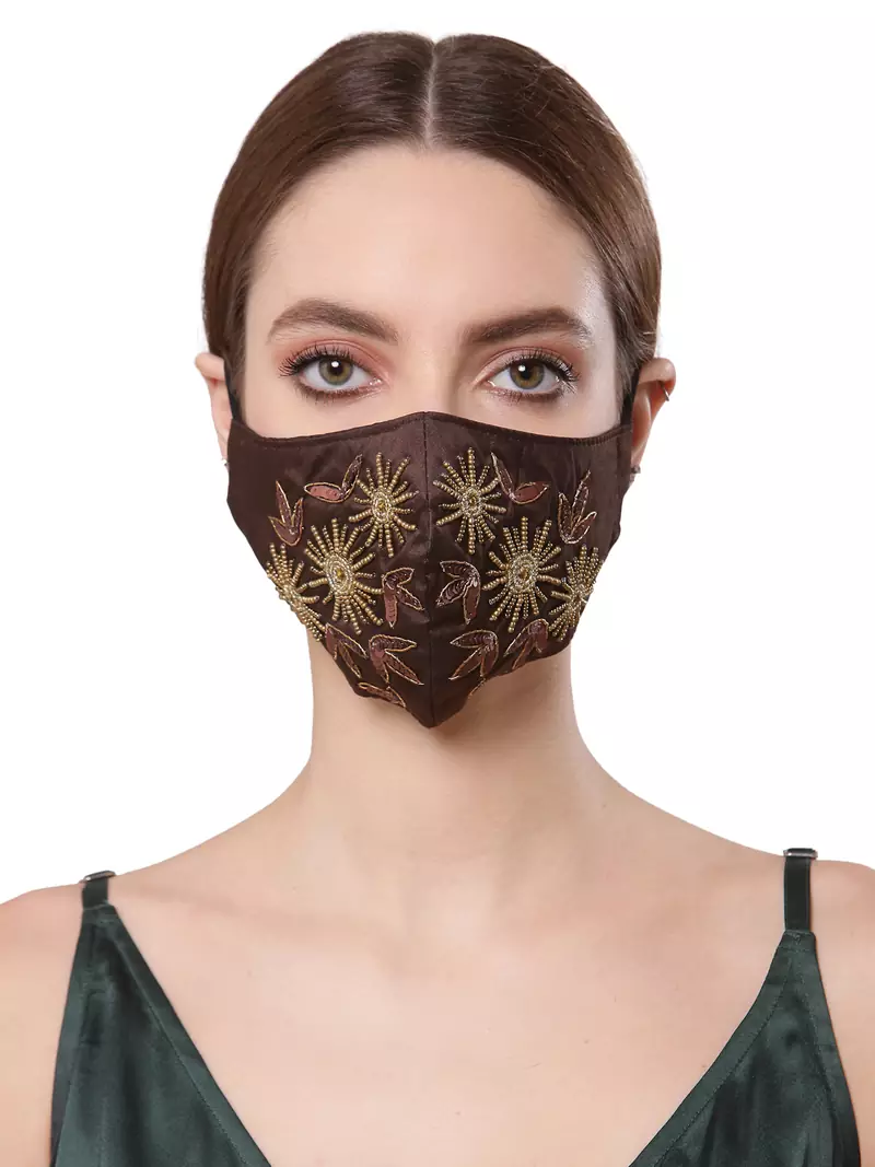 Anekaant   Ply Chocolate Brown & Gold Faux Silk Floral Embellished Fabric Fashion Mask