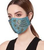   Ply Turquoise Blue & Gold Faux Silk Floral Textured Embellished Fabric Fashion Mask