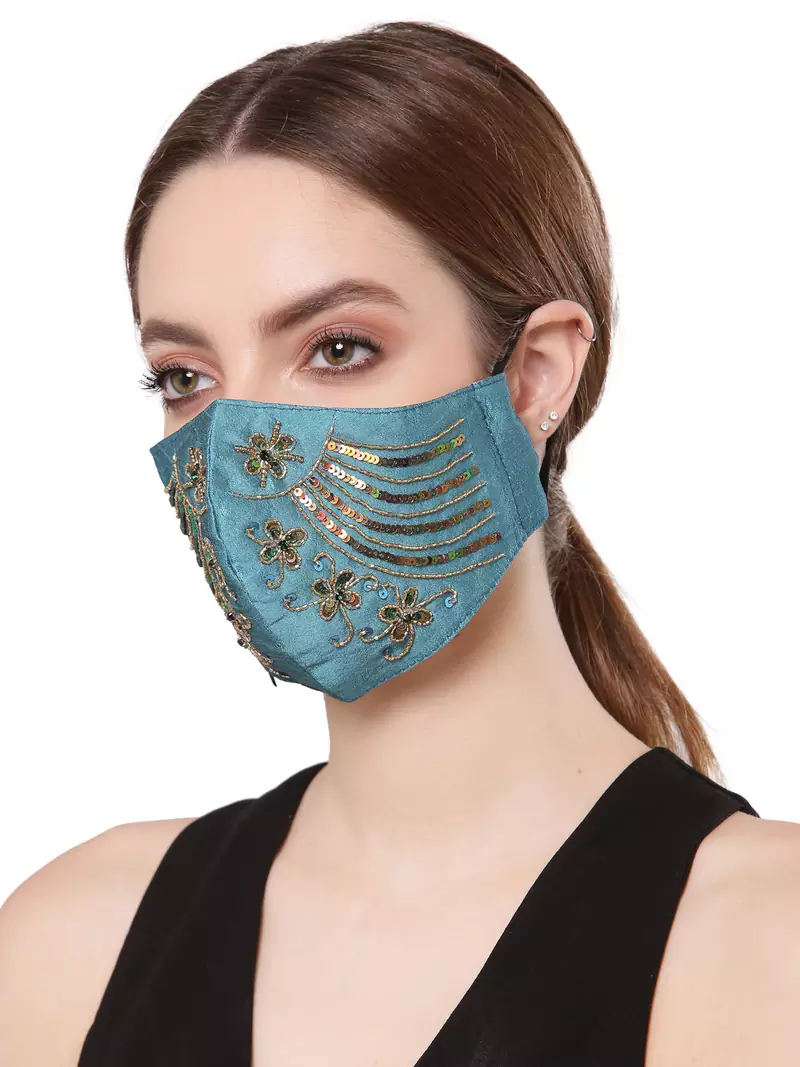 Anekaant   Ply Turquoise Blue & Gold Faux Silk Floral Textured Embellished Fabric Fashion Mask