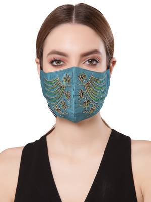   Ply Turquoise Blue & Gold Faux Silk Floral Textured Embellished Fabric Fashion Mask 2