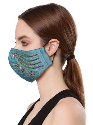   Ply Turquoise Blue & Gold Faux Silk Floral Textured Embellished Fabric Fashion Mask 3