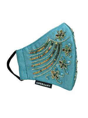   Ply Turquoise Blue & Gold Faux Silk Floral Textured Embellished Fabric Fashion Mask 4