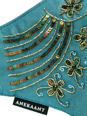   Ply Turquoise Blue & Gold Faux Silk Floral Textured Embellished Fabric Fashion Mask 6