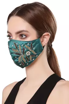 Anekaant   Ply Green & Gold Faux Silk Botanical Embellished Fabric Fashion Mask
