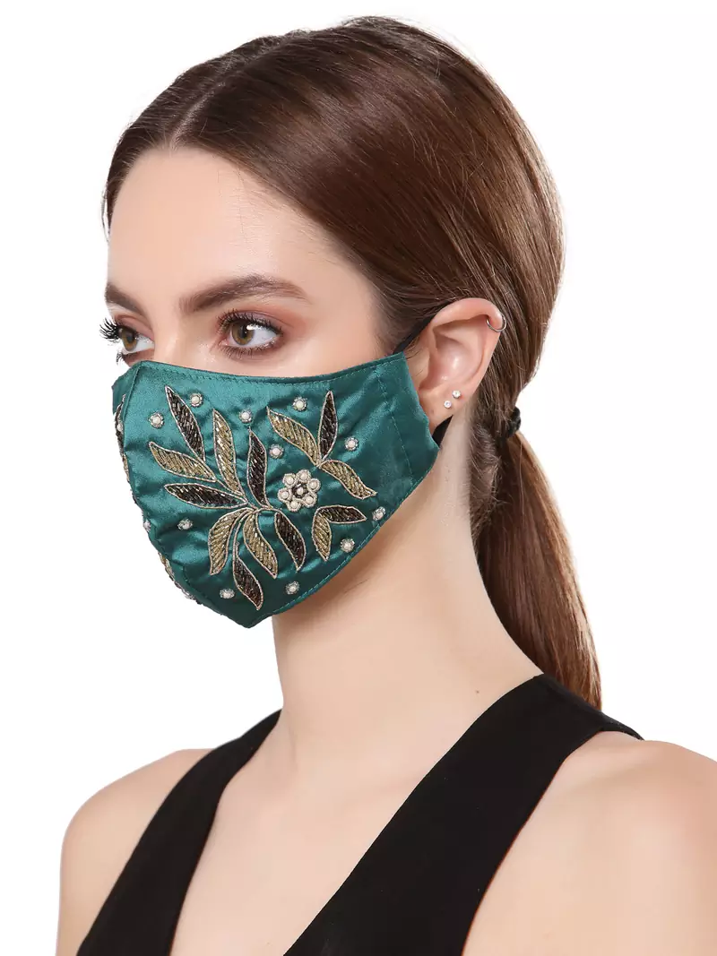 Anekaant   Ply Green & Gold Faux Silk Botanical Embellished Fabric Fashion Mask