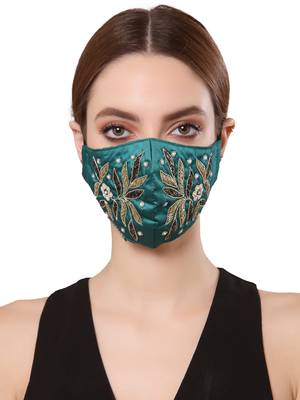 Anekaant   Ply Green & Gold Faux Silk Botanical Embellished Fabric Fashion Mask 2