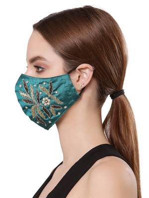 Anekaant   Ply Green & Gold Faux Silk Botanical Embellished Fabric Fashion Mask 3