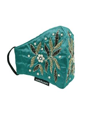 Anekaant   Ply Green & Gold Faux Silk Botanical Embellished Fabric Fashion Mask 4