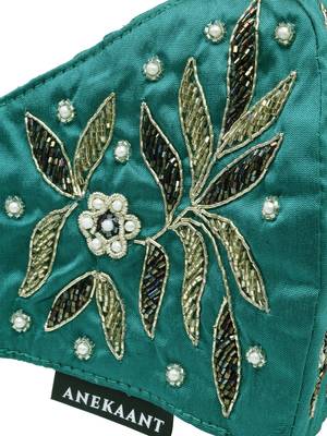 Anekaant   Ply Green & Gold Faux Silk Botanical Embellished Fabric Fashion Mask 6