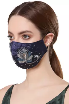 Anekaant   Ply Navy Blue & Silver Faux Silk Botanical Embellished Fabric Fashion Mask