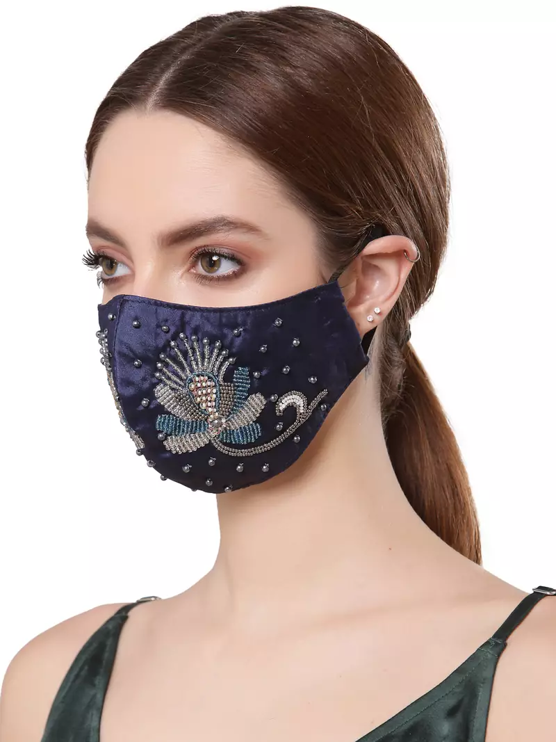 Anekaant   Ply Navy Blue & Silver Faux Silk Botanical Embellished Fabric Fashion Mask