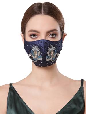 Anekaant   Ply Navy Blue & Silver Faux Silk Botanical Embellished Fabric Fashion Mask 2