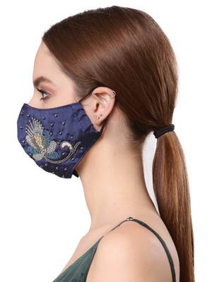 Anekaant   Ply Navy Blue & Silver Faux Silk Botanical Embellished Fabric Fashion Mask 3