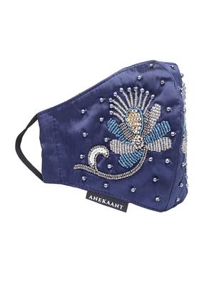 Anekaant   Ply Navy Blue & Silver Faux Silk Botanical Embellished Fabric Fashion Mask 4