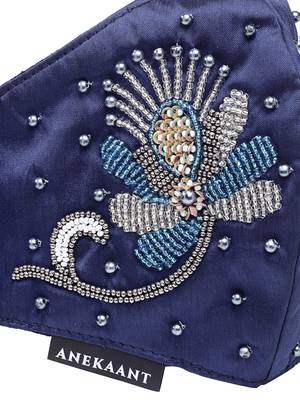 Anekaant   Ply Navy Blue & Silver Faux Silk Botanical Embellished Fabric Fashion Mask 6
