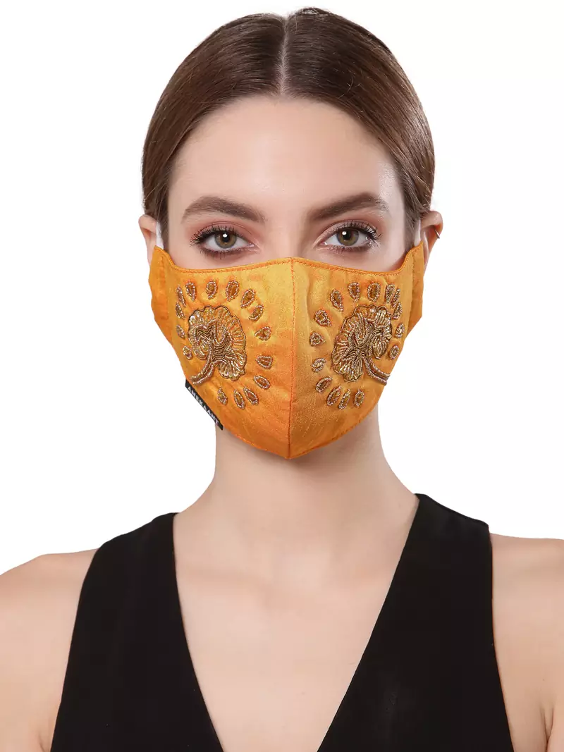 Anekaant   Ply Mustard & Antique Gold Faux Silk Floral Textured Embellished Fabric Fashion Mask