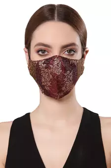 Anekaant   Ply Maroon & Gold Faux Silk Floral Printed Fabric Fashion Mask