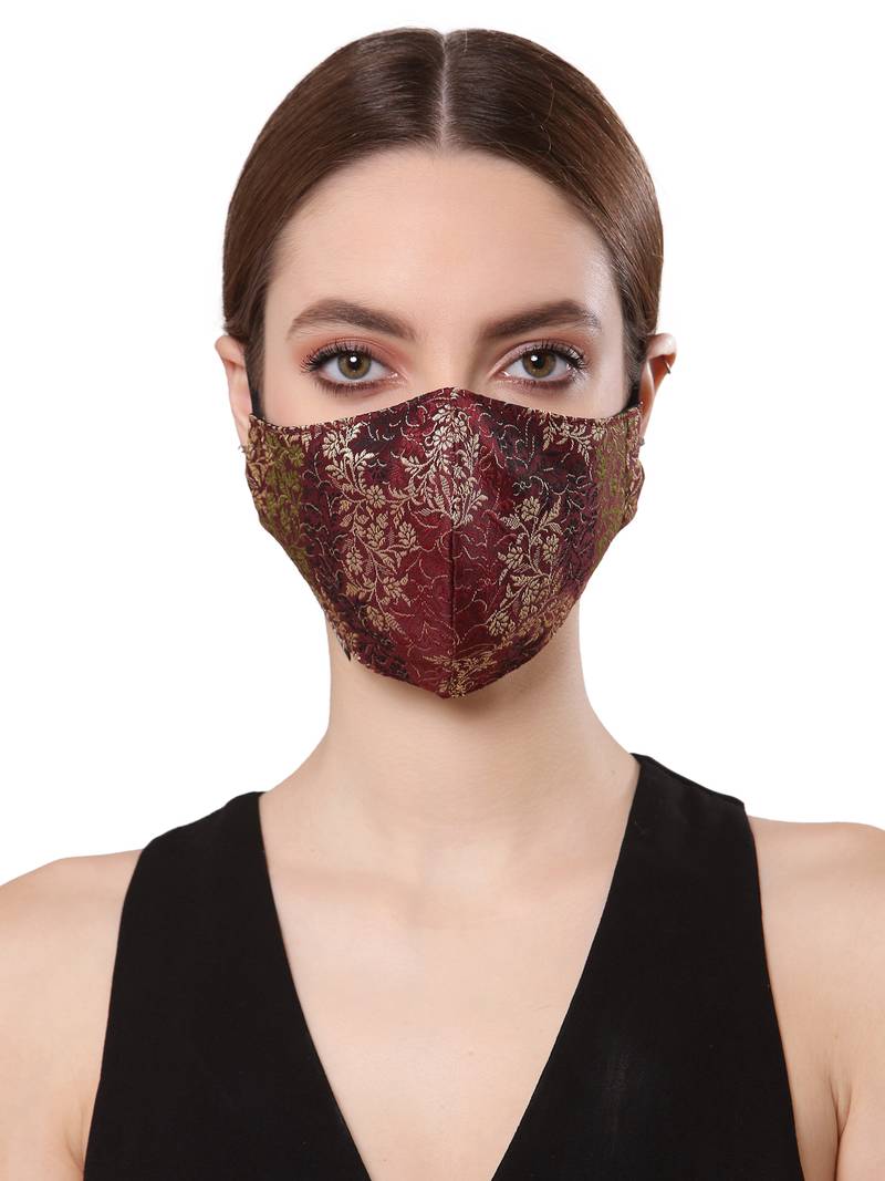 Anekaant   Ply Maroon & Gold Faux Silk Floral Printed Fabric Fashion Mask